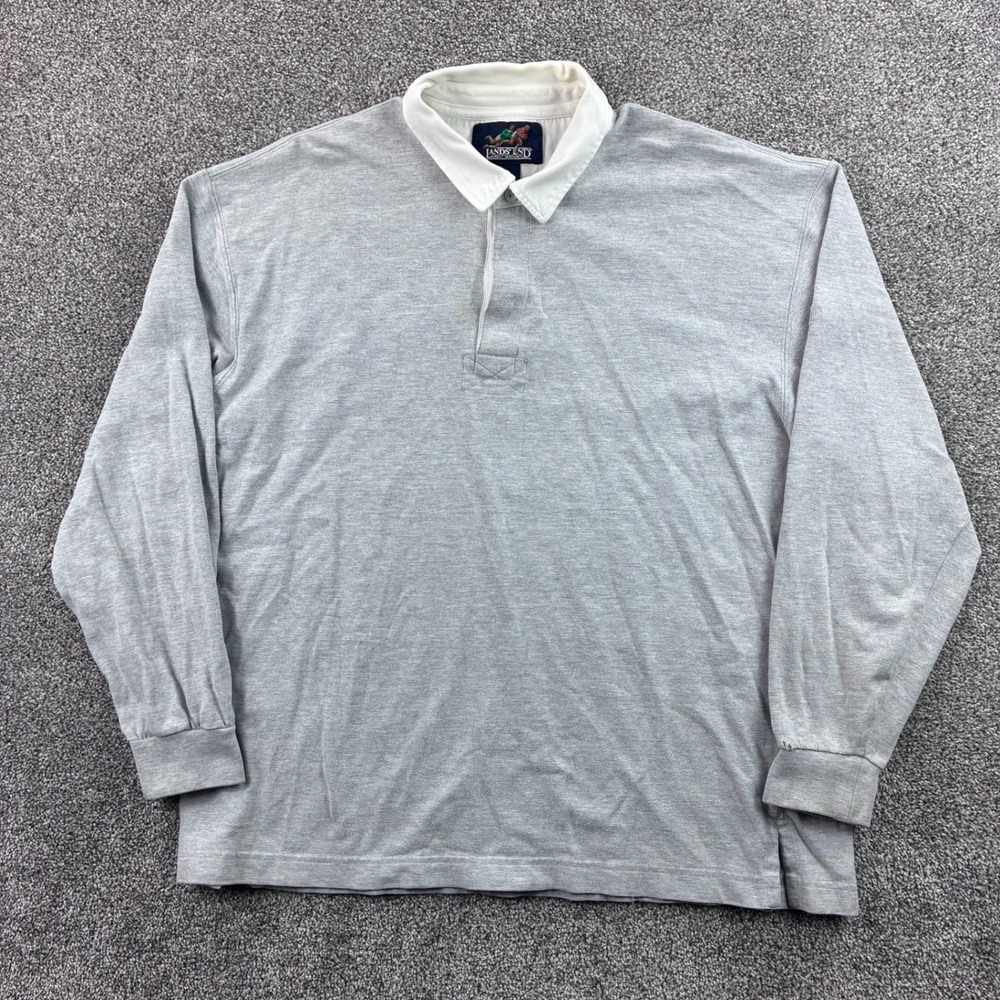 Vintage Lands End Rugby Shirt Mens XL Gray Long Sleeve Cotton Pullover Logo